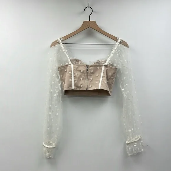 Hello Molly Sunset Polka Dot Mesh Sweetheart Corset Crop Top Preppy Beige 4 - Picture 7 of 12